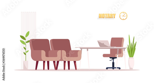 Empty notary office semi flat RGB color vector illustration. Desk and 3 chair for customer visit. Meeting room for consultation. Law office furniture isolated cartoon object on white background