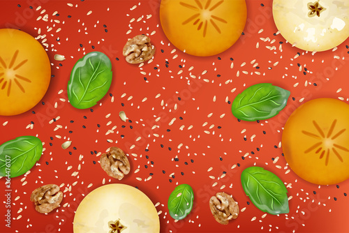 Fototapeta Naklejka Na Ścianę i Meble -  Apple and khaki fruit slices, walnut, spinach leaves, poppy and sesame seeds on red background. Healthy food composition
