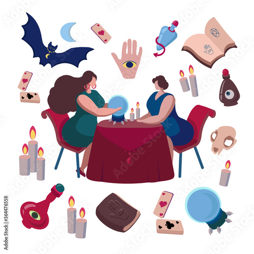 A mystical illustration demonstrating fortune-telling. Fortuneteller predicts the future. Attributes of occultism: crystal ball, bat, magic books, prediction cards, candles, skull, bottles with potion