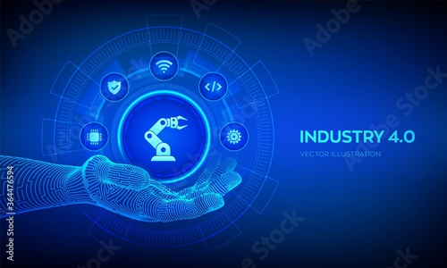 Smart Industry 4.0 symbol in robotic hand. Factory automation. Autonomous industrial technology concept. Industrial revolutions steps. Vector illustration.