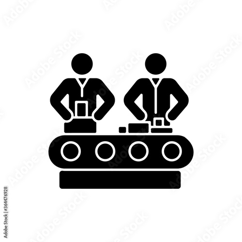 Assembly black glyph icon. Manufacturing process, human labor, production line silhouette symbol on white space. Factory workers manually assembling product on conveyor. Vector isolated illustration