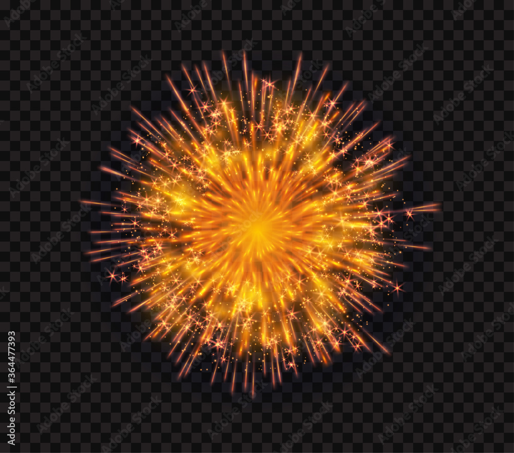 Bright shiny sparkling flash firework salute isolated on black background. Vector illustration