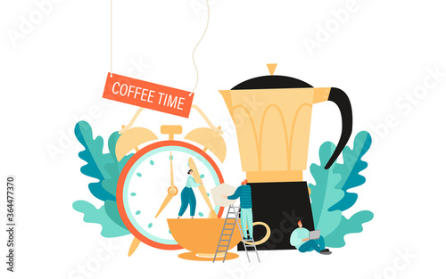 Coffee time concept. Vector illustration of a young office staff on the background of a huge coffee pot and alarm clock.