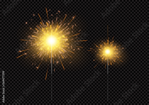 Bright shiny sparkling Bengal light fireworks isolated on black background. Vector illustration