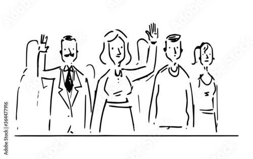 we see a group of people sitting and looking ahead, a man and a lady shaking hands,vector,cartoon.