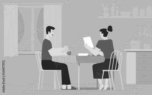 a man and a woman sit on a chair at the kitchen table  the man holds in his hand the cup of coffee  the lady looks at a document  vector.