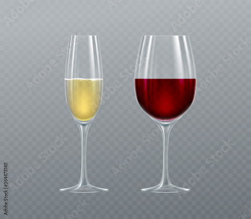 Realistic glasses of Champagne and Wine isolated on a transparent background. Vector illustration