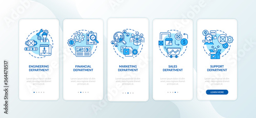 Departments onboarding mobile app page screen with concepts. Finance and commerce. Product management walkthrough 5 steps graphic instructions. UI vector template with RGB color illustrations