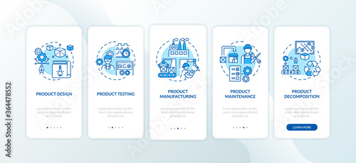 Product cycle onboarding mobile app page screen with concepts. Tech testing. Product maintenance walkthrough 5 steps graphic instructions. UI vector template with RGB color illustrations