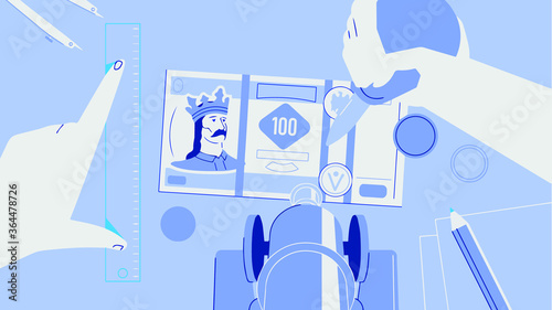 we see a table on which are a ruler, two hands sitting above the banknote a pencil and a compass gauge,vector,cartoon.