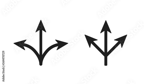 Three way arrows pointers. Symbol of direction and crossed roads road sign of intersection.
