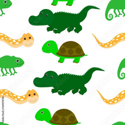 Seamless pattern Cute Animal Turtle Chameleon Crocodile Snake Vector Illustration