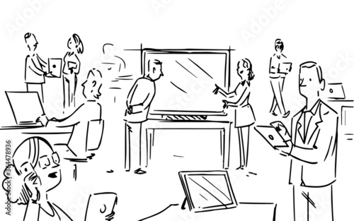 this storyboard we see people working, someone is sitting on the board, another is talking on the phone, a lady is explaining something to a man on the board, everyone is working, storyboard,vector.