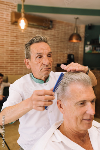 elderly barber cutting the hair of a gentleman in a stylish barber shop