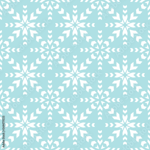 Vector geometric seamless pattern. Abstract ethnic texture with ornamental grid, mesh, lattice, cross shapes, snowflakes. Blue color. Winter style ornament background. Repeat design for print, decor