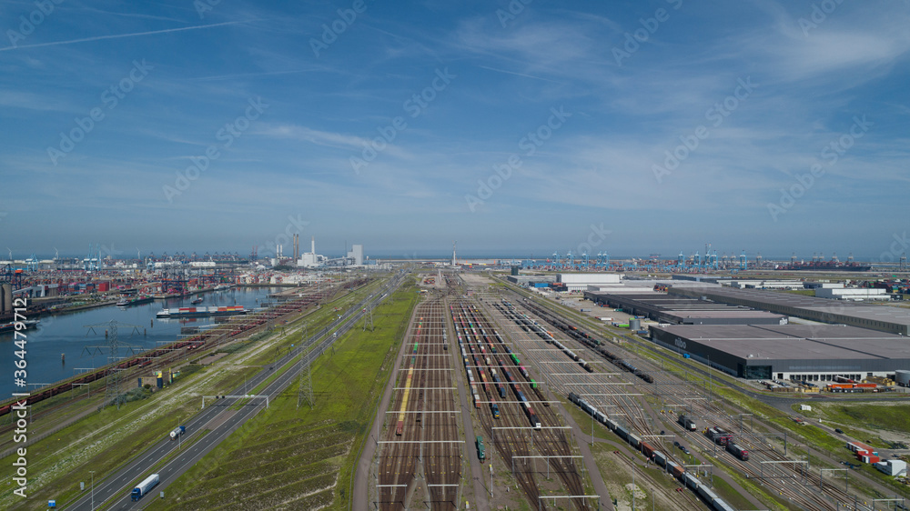 Aerial bird view photo of railroad container terminal