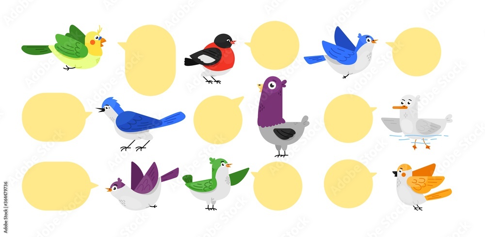 Bird label set. Isolated cute twitting bird animal cartoon character with blank speech bubble icon collection. Vector message label communication illustration