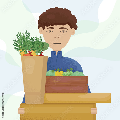 Courier with boxes and bags of healthy food. Flat vector illustration of food delivery. Smiling guy for banners, posters and logo.