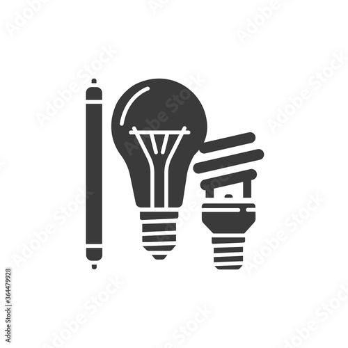 Light bulbs recyclable black glyph icon. Varieties of lamps. Waste recycling. Garbage sorting. Eco friendly. Sign for web page, app. UI UX GUI design element.