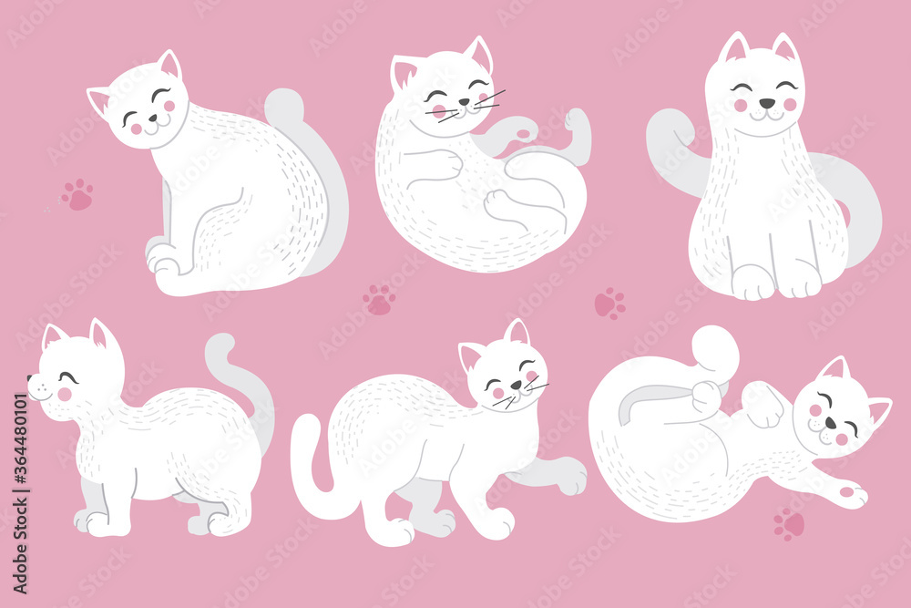 Set of different cartoon white cats. Vector illustration in doodle stile, isolated on white background.