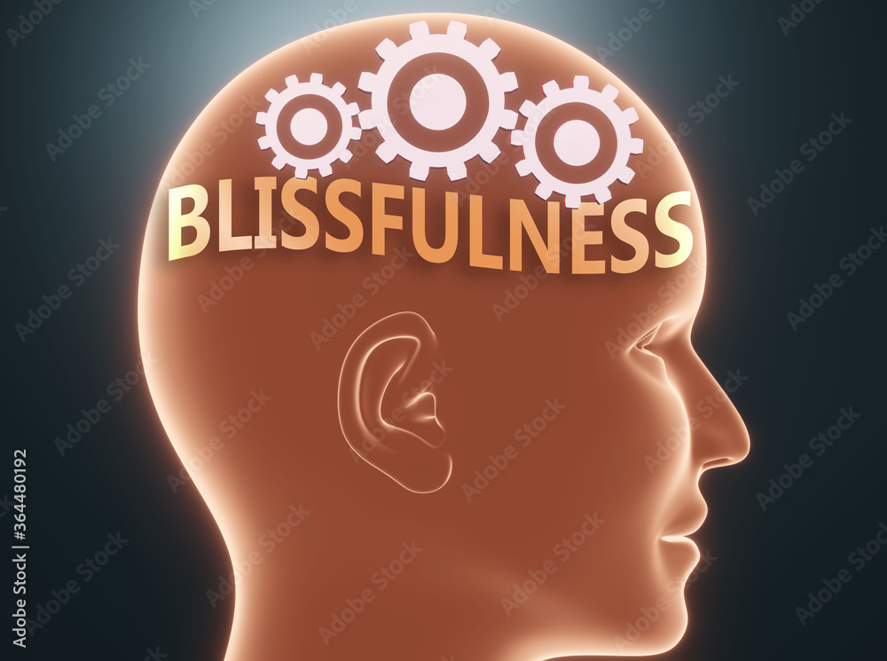 Blissfulness inside human mind - pictured as word Blissfulness inside a head with cogwheels to symbolize that Blissfulness is what people may think about, 3d illustration