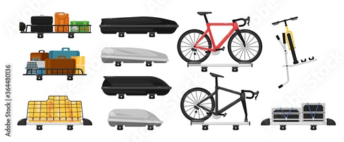 Car roof rack set. Isolated travel automobile roof storage, carrier, box, rack with baggage bags and mounted bicycles icon collection. Vector car trip transportation illustration