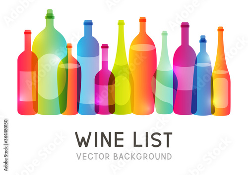 Wine bottles silhouettes isolated on white background - color border for drinks menu design