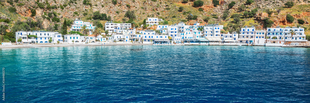 Panorama of the scenic village of Loutro and the mediterranean sea  in Crete, Greece