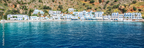 Panorama of the scenic village of Loutro and the mediterranean sea in Crete, Greece
