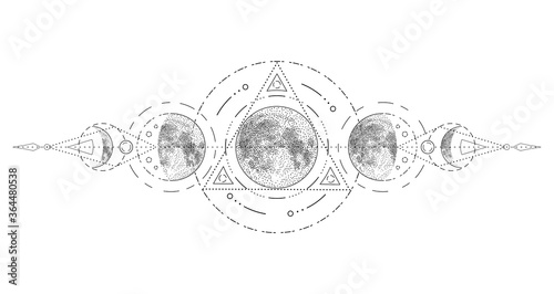 Magic moon with sacred geometry tattoo design. Phases of the moon, vector illustration