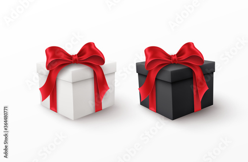 White and Black gift box with red silk bow isolated on a white background. Vector illustration photo
