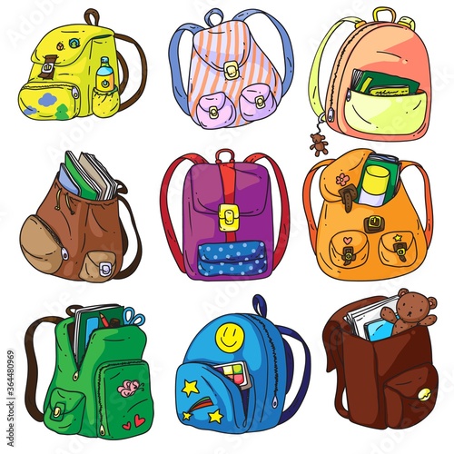 School backpack. Cartoon school backpack isolated set on white background. Student satchel or schoolbag collection. Pupil rucksack vector icon bundle with education and study supply illustration