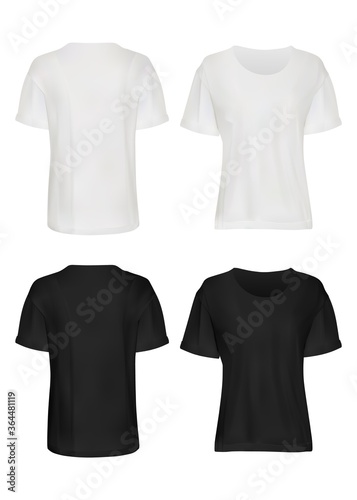 White and black t-shirt mockup set. Isolated blank male short sleeve t-shirt clothes template set. Front and back views of man t-shirts mockup collection. Vector casual fashion clothing mock up design