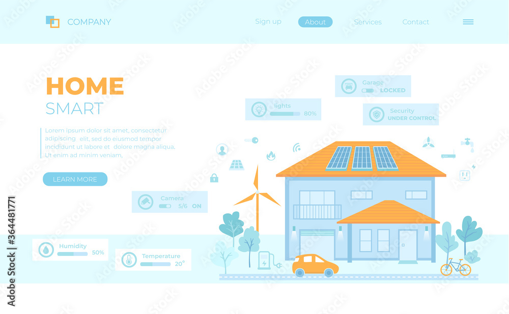 Smart Modern Eco House with central technology control system. Infographic automation concept. Security, thermostat, lighting, clean energy of electricity. Can use for web banner, landing page, web  