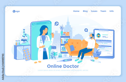 Online doctor consultation. Medicine service, healthcare application. Virtual examination and diagnosis patient via remote application on smartphone. landing web page template decorated with people.