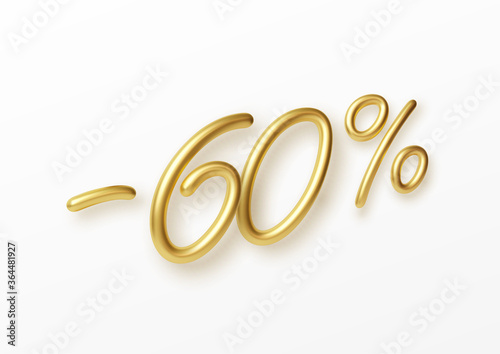 Realistic golden text 60 percent discount number. Vector illustration