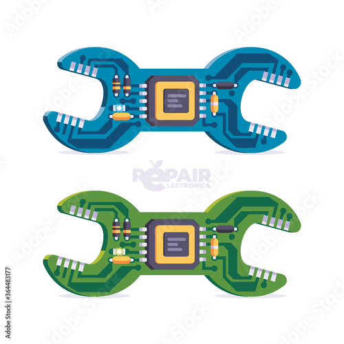 Sign service station for the repair and maintenance and repair of microelectronics and mobile devices. Circuit board with microprocessor in the form of a wrench. Flat style design illustration. (ID: 364483177)