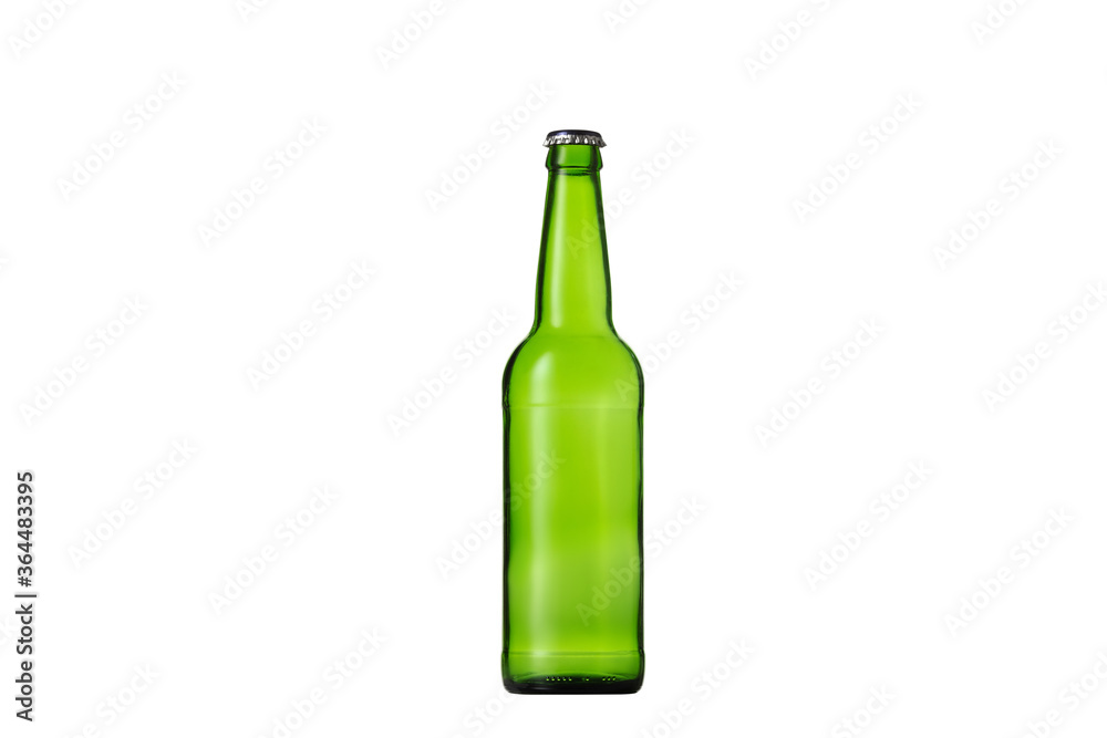 Empty green colored beer bottle. One object isolated on white studio background. Concept of beer, beverage, entertainment and alcohol. Copyspace for your bar, restaurant, brewery or shop advertising. Empty green colored beer bottle. One object isolated on white studio background. Concept of beer, beverage, entertainment and alcohol. Copyspace for your bar, restaurant, brewery or shop advertising.