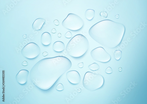 Realistic drops of pure water on a blue background. The real effect of transparency. Vector illustration