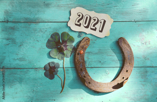 Horseshoe with lucky clover - Happy New Year 2021 greeting card
