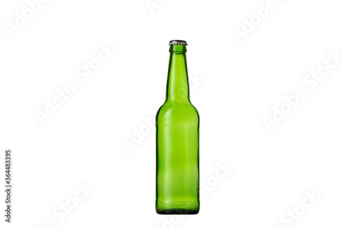 Empty green colored beer bottle. One object isolated on white studio background. Concept of beer  beverage  entertainment and alcohol. Copyspace for your bar  restaurant  brewery or shop advertising.