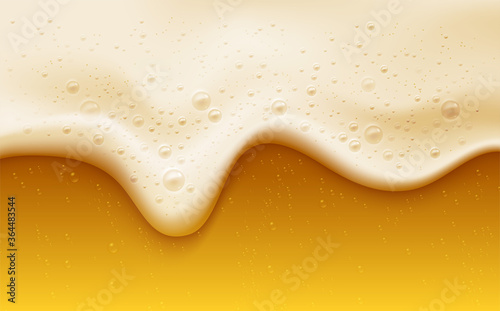 Realistic beer foam with bubbles. Beer glass with a cold drink. Background for bar design, oktoberfest flyers. Vector illustration
