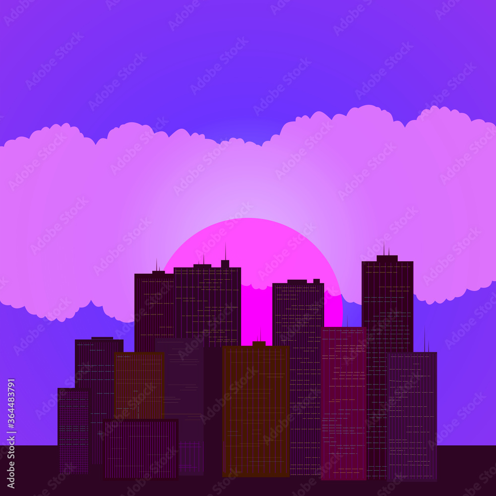 Skyline wallpaper with skyscrapers in sunset or sunrise. Eps10 vector illustration.