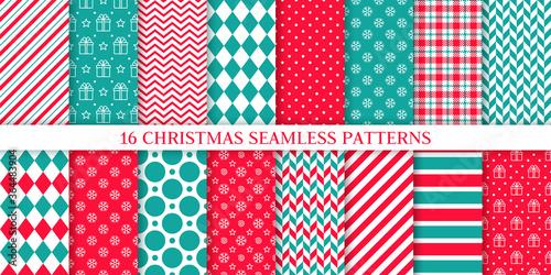 Christmas seamless pattern. Xmas, New year background. Vector. Endless texture with candy cane stripe, gift box, polka dot, snowflake, zigzag. Holiday prints. Set wrapping paper. Red blue illustration