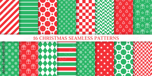 Xmas seamless pattern. Vector. Christmas, New year wrapping paper. Backgrounds with tree, gift box, snowflake, candy cane stripe, herringbone. Set noel textures. Festive print. Red green illustration