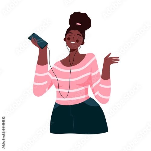 Beautiful african woman listening music and dancing, girl enjoying music with headphones and smartphone vector flat cartoon Illustration on a white background