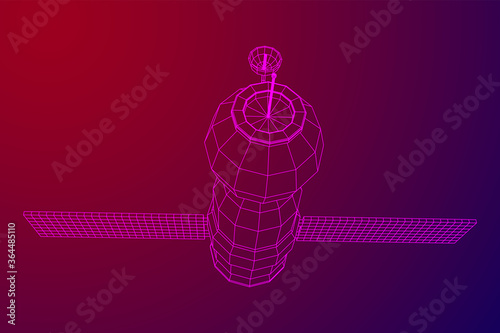 Space station communications satellite. Wireframe low poly mesh vector illustration.