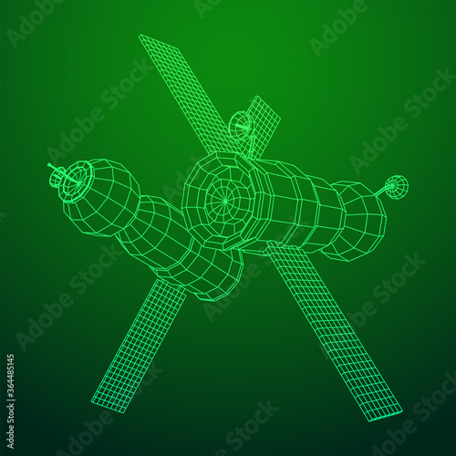 Space station communications satellite. Wireframe low poly mesh vector illustration.