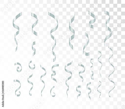 Set of vector silver ribbons on transparent background, holiday decorative design elements, silver serpentine.