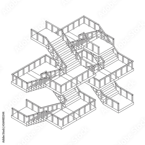 Wireframe stairs, interior staircases steps with railing. Wireframe low poly mesh vector illustration.